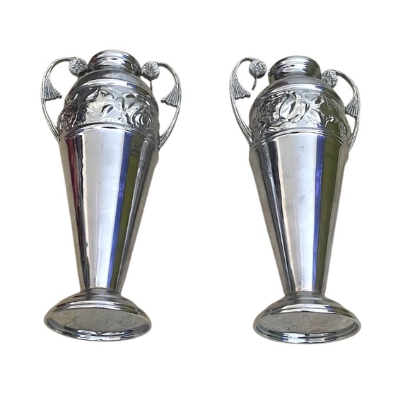Pair Of  Silver Plated Urn Vase Embossed Relief Ornate Pattern Band And Handles - Picture 3 of 9
